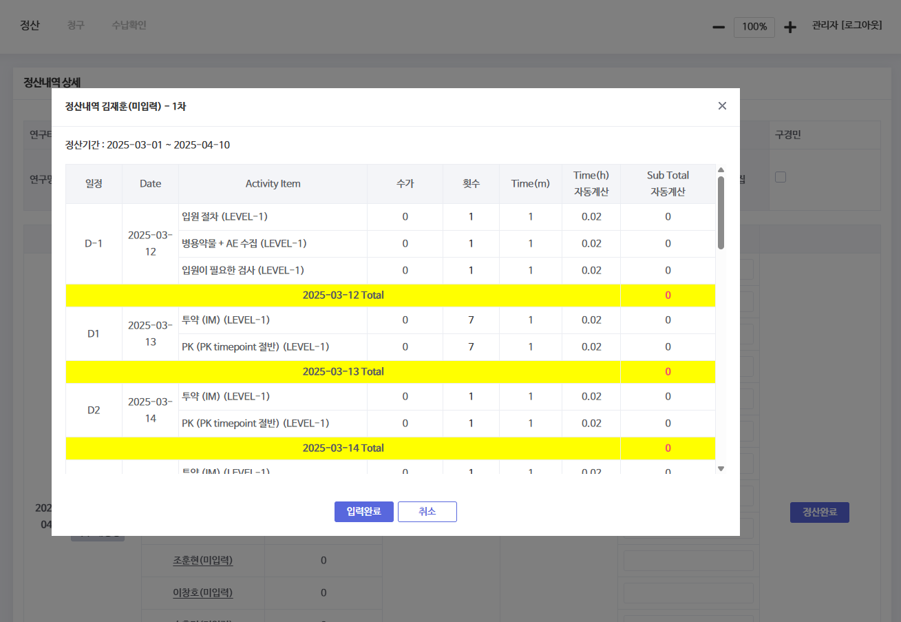 연구비 정산 화면